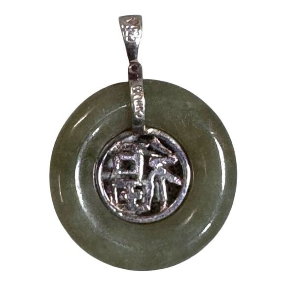 Sterling Silver Chinese Happiness Symbol Light Green Jade Pendant 925 Vintage - Picture 2 of 6